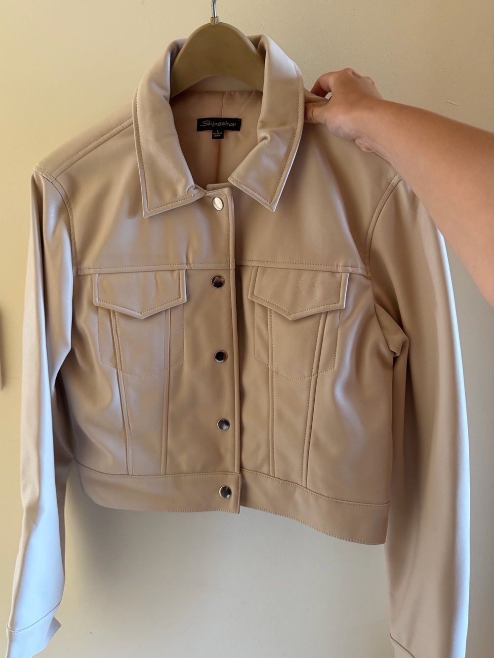 Shinestar Beige Faux Leather Trucker Jacket